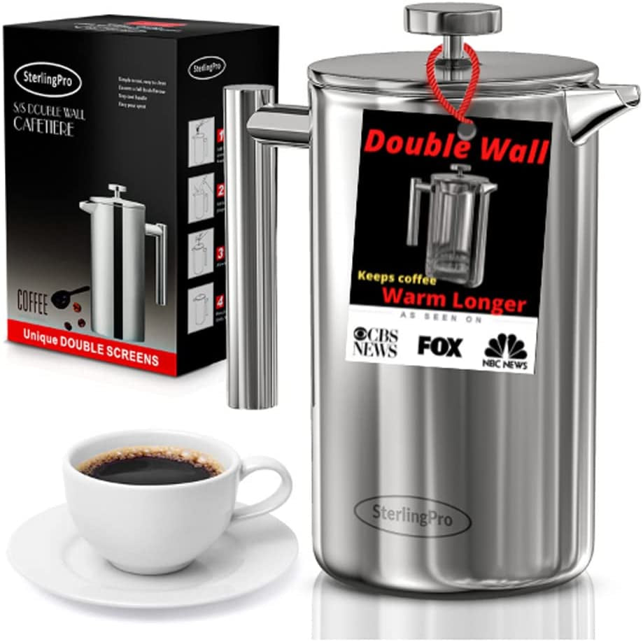 French Press Coffee Maker (1L)-Double Walled Large Coffee Press with 2 Free Filters-Enjoy Granule-Free Coffee Guaranteed, Stylish Rust Free Kitchen Accessory-Stainless Steel French Press