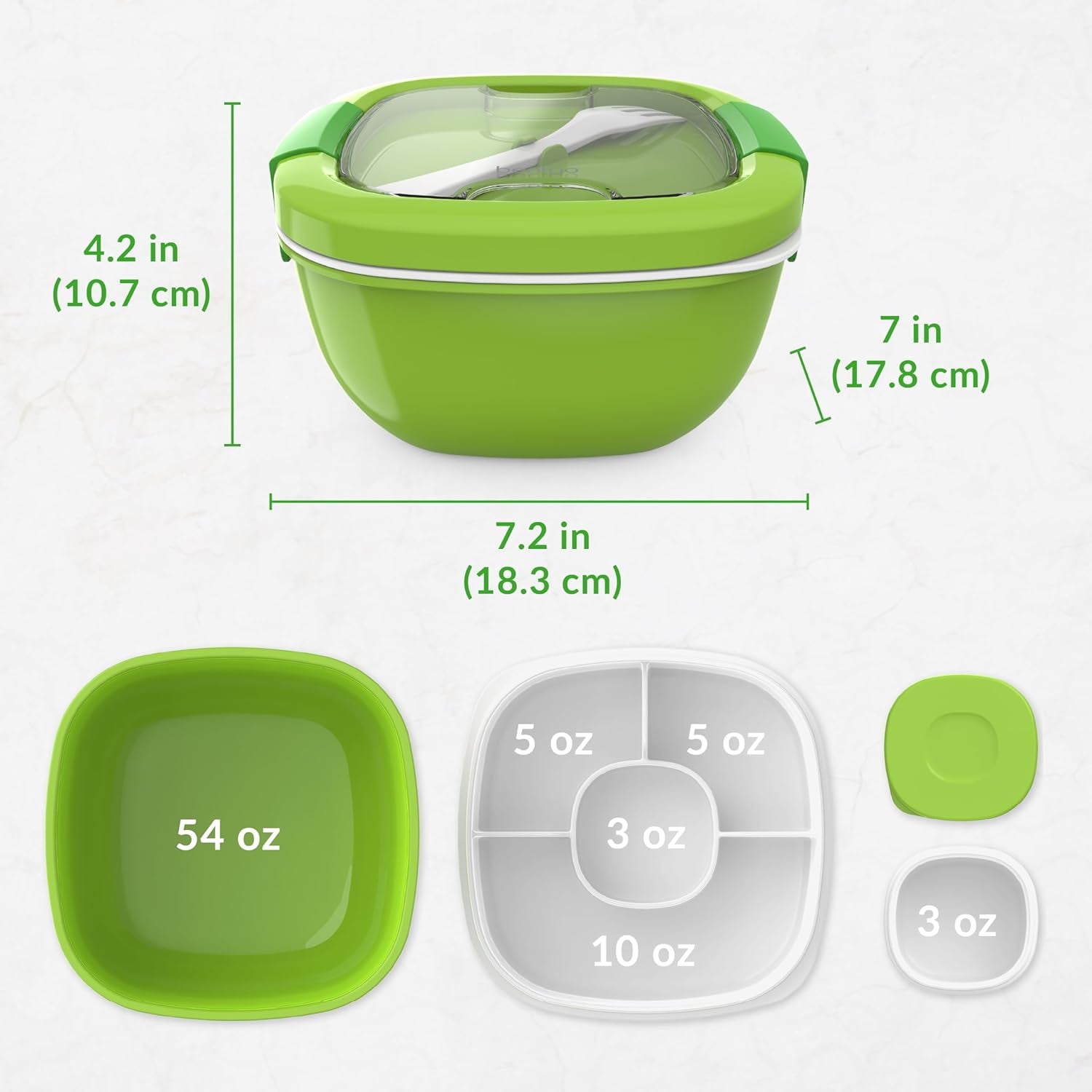 ® All-In-One Salad Container - Large Salad Bowl, Bento Box Tray, Leak-Proof Sauce Container, Airtight Lid, & Fork for Healthy Adult Lunches; Bpa-Free & Dishwasher/Microwave Safe (Green)