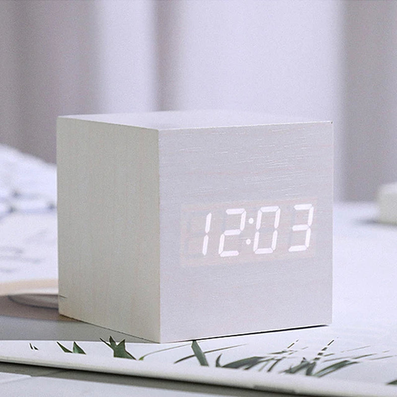 Wooden Digital Alarm Clock with Temperature Cube