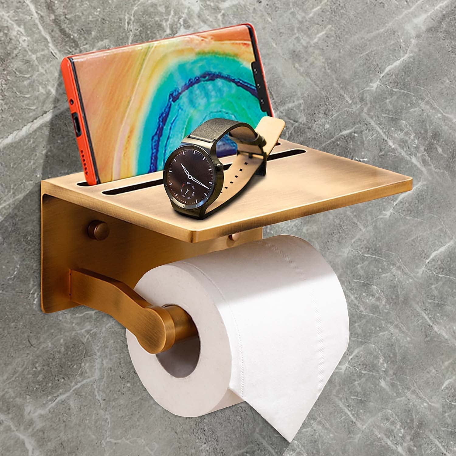 Antique Brass Toilet Paper Holder with Shelf, Aluminum Tissue Roll Dispenser with Mobile Phone Storage Shelf for Bathroom