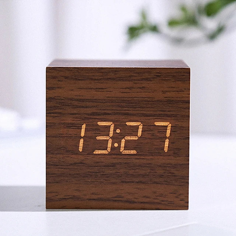 Wooden Digital Alarm Clock with Temperature Cube