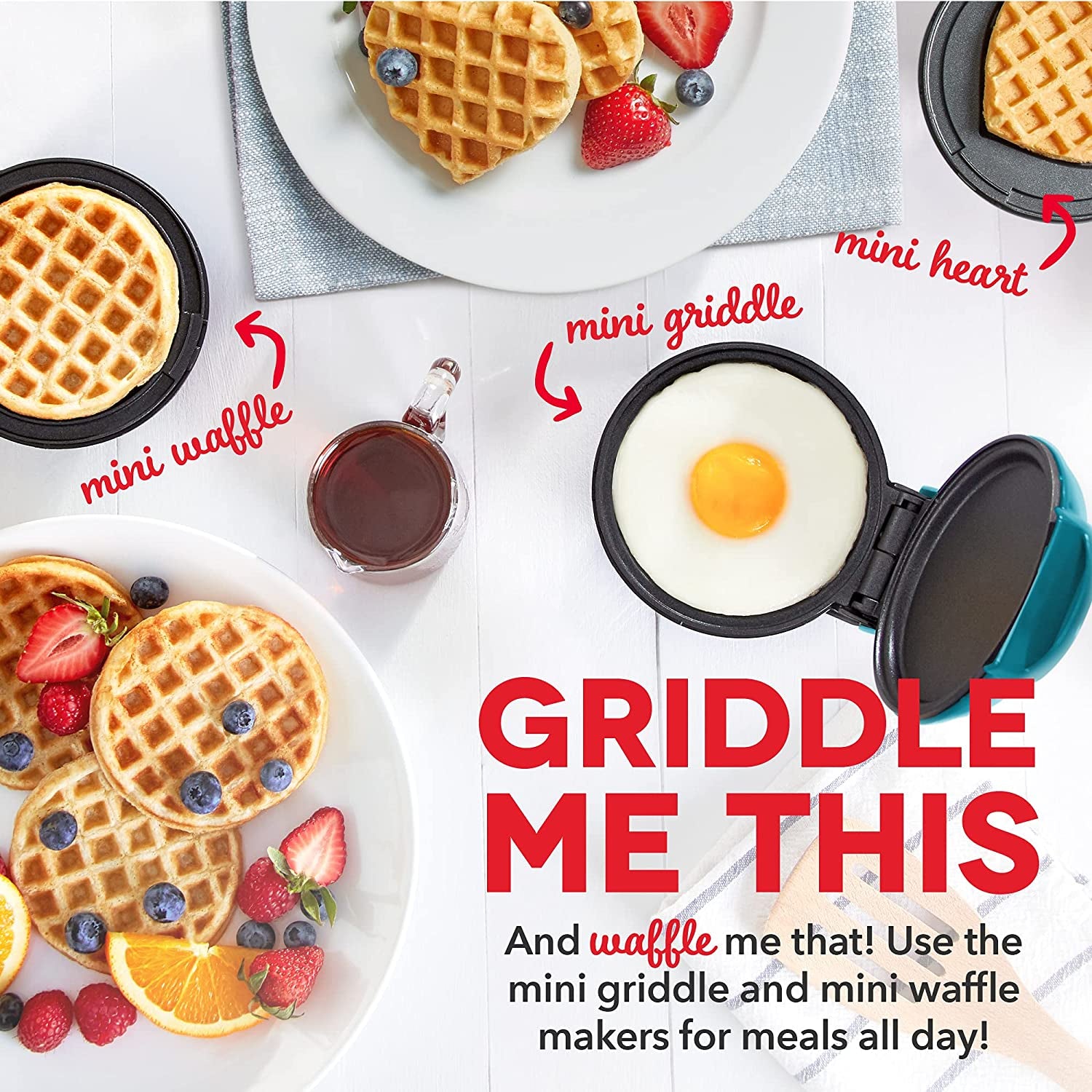 3-Pack Mini Maker, Mini Waffle Maker + Mini Heart-Shaped Waffle Maker + Mini Maker Griddle