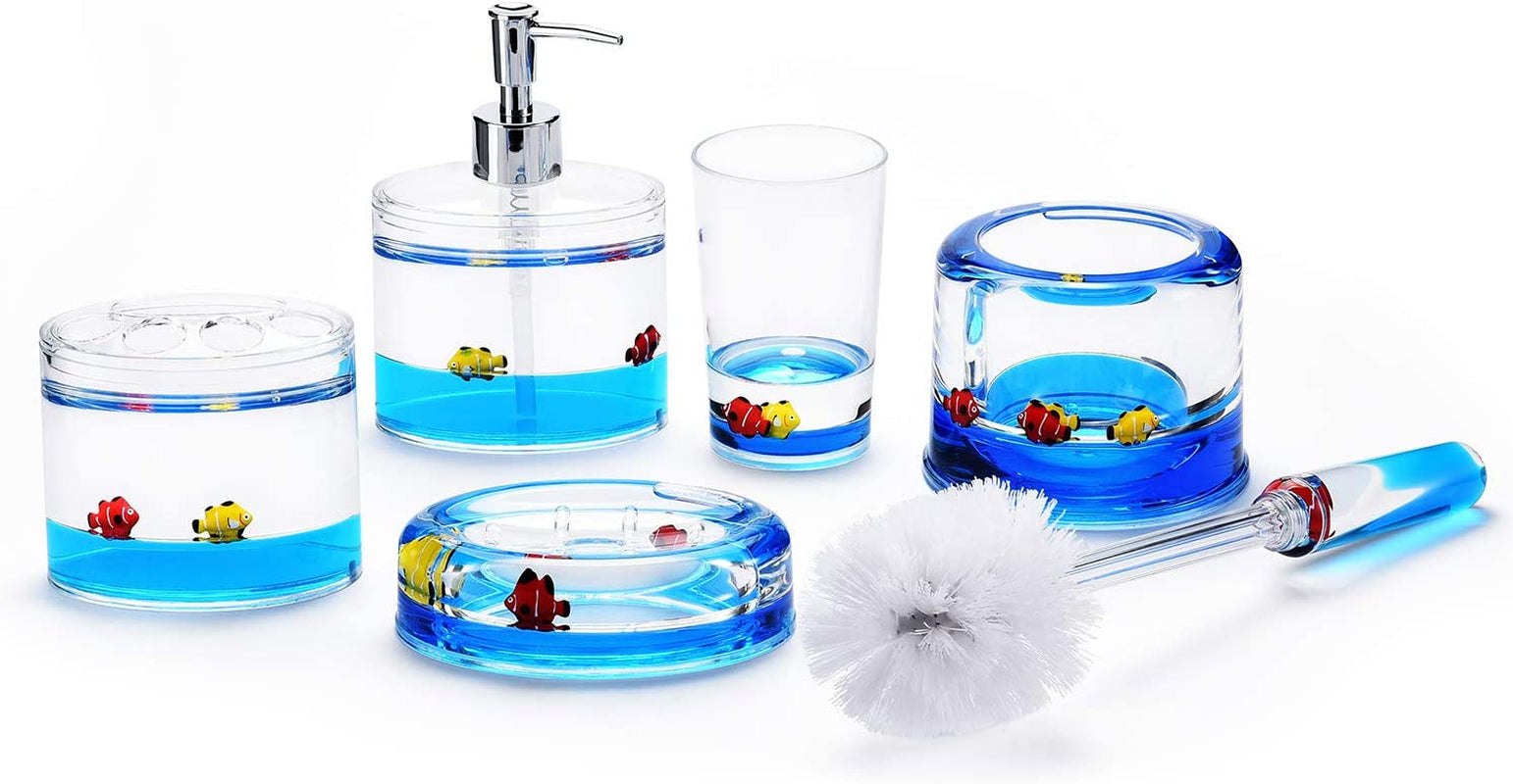 5 Piece Acrylic Liquid 3D Floating Motion Bathroom Vanity Accessory Set Fish