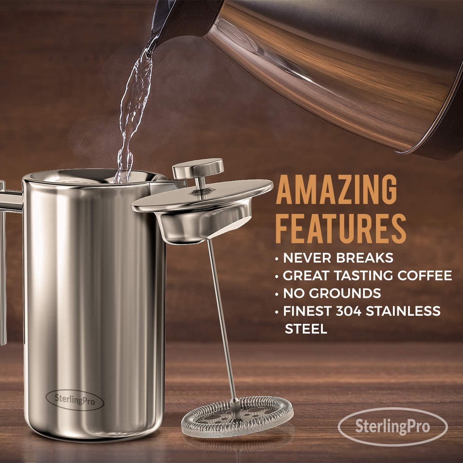 French Press Coffee Maker (1L)-Double Walled Large Coffee Press with 2 Free Filters-Enjoy Granule-Free Coffee Guaranteed, Stylish Rust Free Kitchen Accessory-Stainless Steel French Press