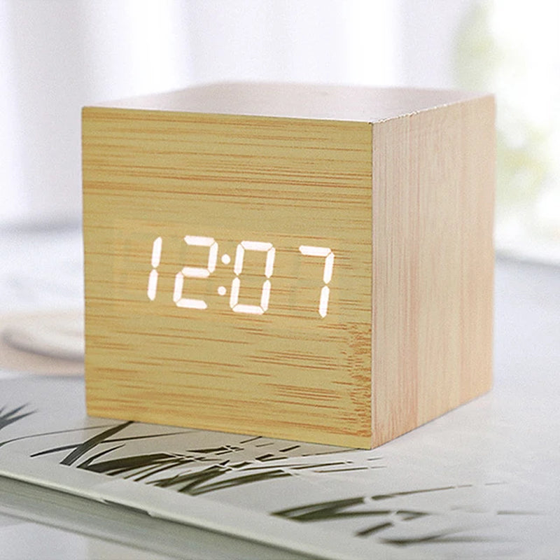 Wooden Digital Alarm Clock with Temperature Cube