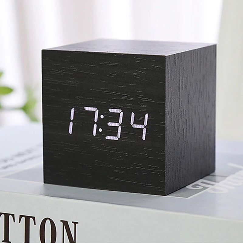 Wooden Digital Alarm Clock with Temperature Cube