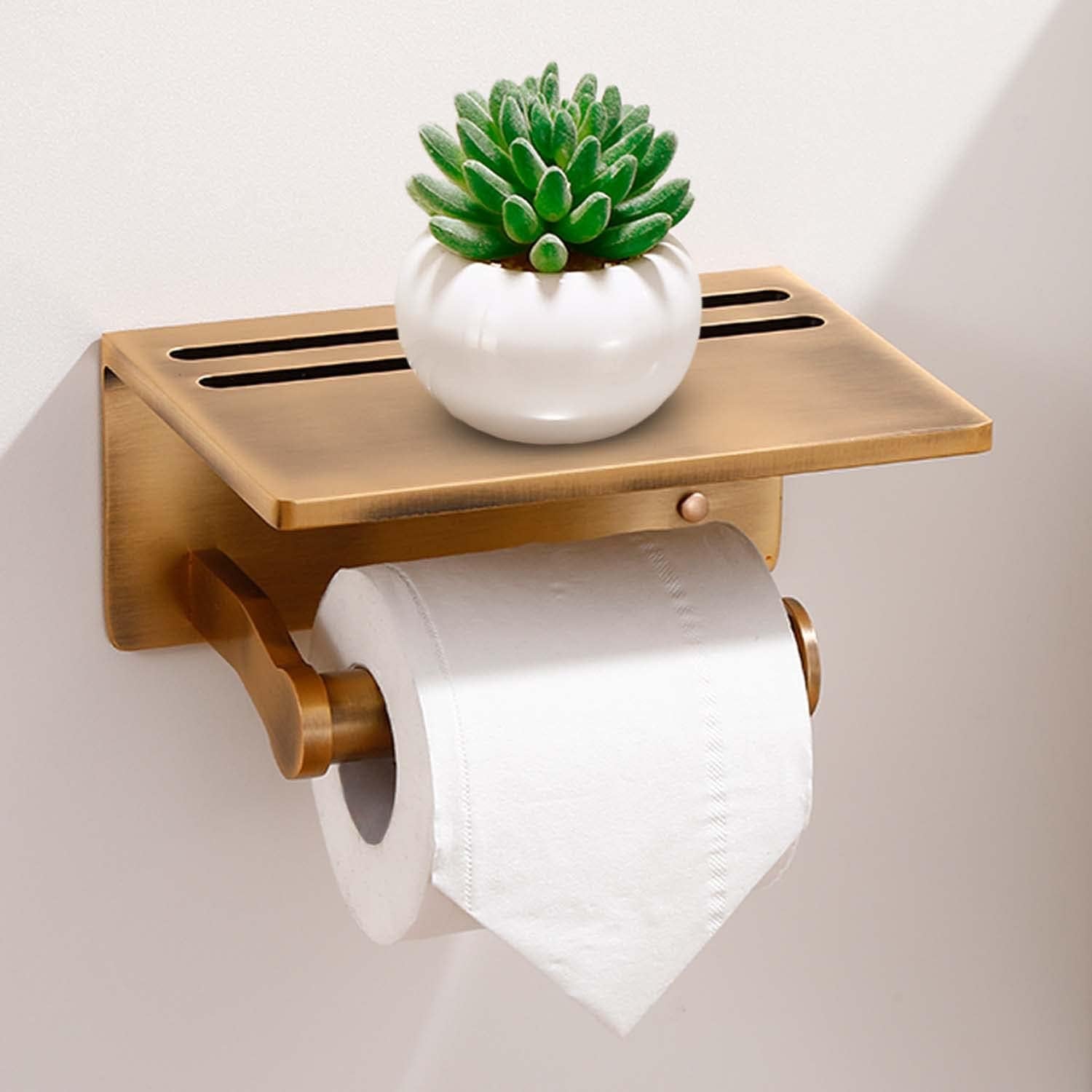 Antique Brass Toilet Paper Holder with Shelf, Aluminum Tissue Roll Dispenser with Mobile Phone Storage Shelf for Bathroom