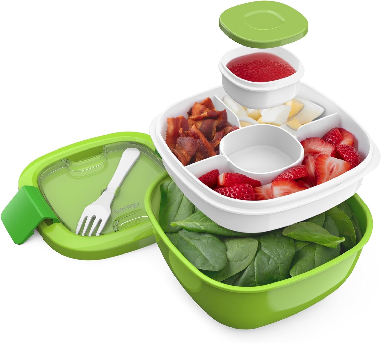 ® All-In-One Salad Container - Large Salad Bowl, Bento Box Tray, Leak-Proof Sauce Container, Airtight Lid, & Fork for Healthy Adult Lunches; Bpa-Free & Dishwasher/Microwave Safe (Green)