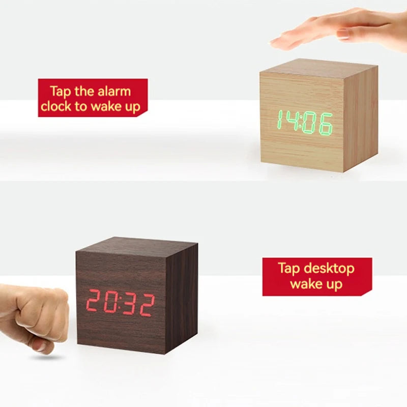 Wooden Digital Alarm Clock with Temperature Cube