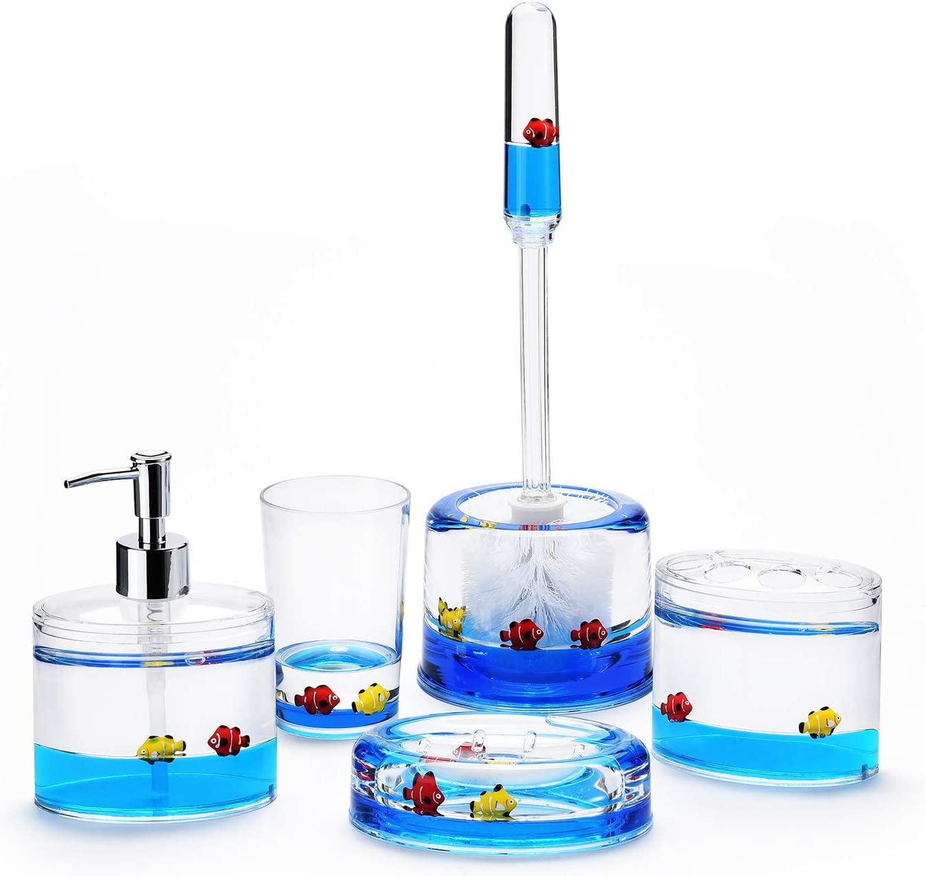 5 Piece Acrylic Liquid 3D Floating Motion Bathroom Vanity Accessory Set Fish