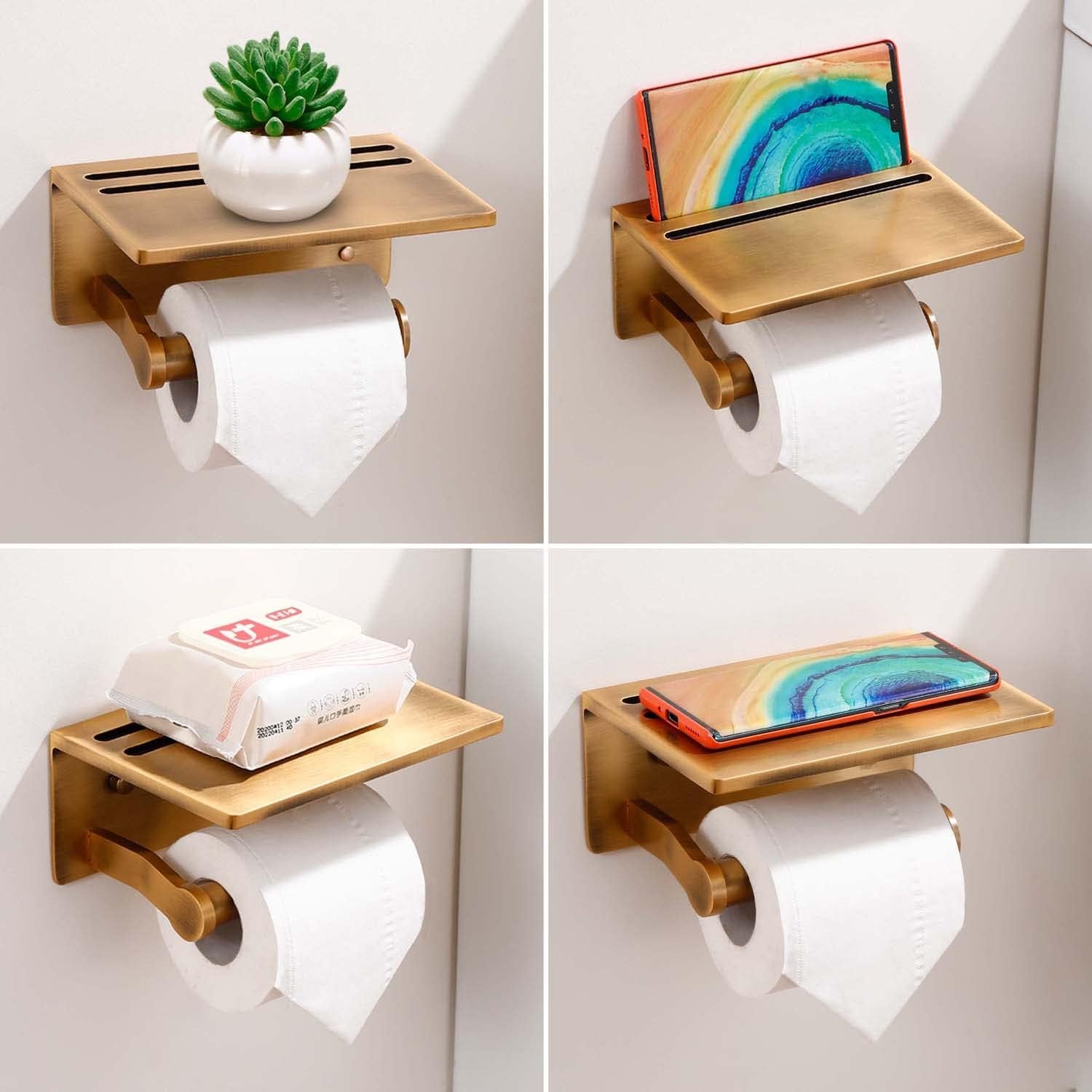 Antique Brass Toilet Paper Holder with Shelf, Aluminum Tissue Roll Dispenser with Mobile Phone Storage Shelf for Bathroom